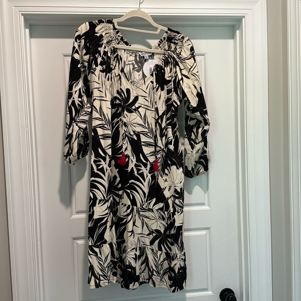 NWT la mer luxe cream/black dress with red tassel detail